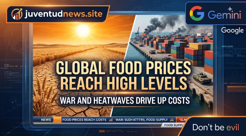 Banner informativo de la noticia sobre el aumento del precio mundial de los alimentos por la FAO, mostrando campos afectados por la sequía, infraestructura bélica marítima