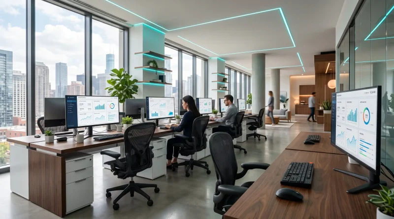Espacio de trabajo de oficina moderna y minimalista con pantallas de alta resolución mostrando paneles de datos y analítica, iluminado con luz natural e iluminación cian