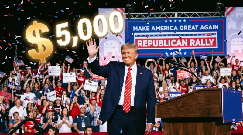 Donald Trump dirigiéndose al público desde un podio frente a banderas estadounidenses durante su discurso sobre el dividendo de 5.000 dólares.
