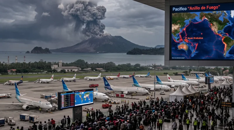 Pasajeros varados en una terminal aérea de Indonesia tras el cierre masivo de vuelos por la nube de ceniza del volcán Anak Krakatoa.